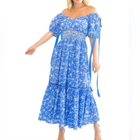 LoveShackFancy Dresses & Skirts - LoveShackFancy Angie Short Sleeve Floral Maxi Dress, Women's Size 4 - Blue Jay